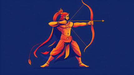 Lord Rama with bow and arrow, on a deep blue background