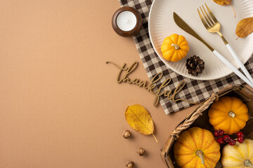 A beautifully arranged Thanksgiving table setting featuring small pumpkins, pine cones, and autumn leaves, enhancing a cozy and festive atmosphere