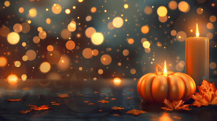 A glowing Halloween pumpkin surrounded by candles with autumn decorations