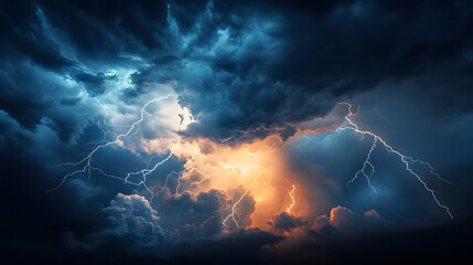 A powerful display of lightning forking through brooding thunderclouds