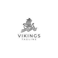 Viking pirate sailing ship logo in minimalist linear line art design style