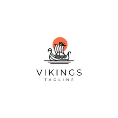 Viking pirate sailing ship logo with sunset in linear line art vector design style