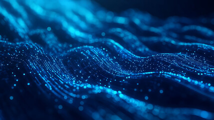 Abstract blue digital wave background with glowing particles.