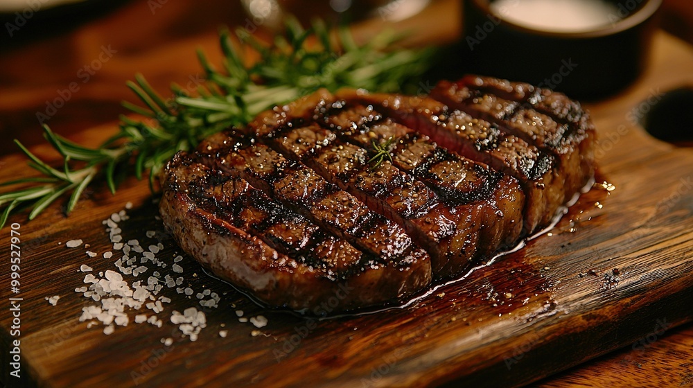 Sticker   Steak on wood with rosemary