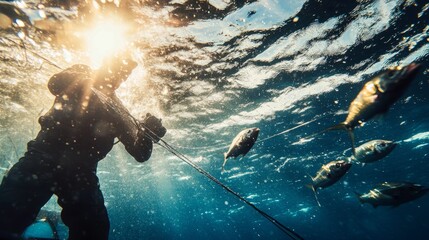 Fisherman Pulling in a Line of Fish from the Ocean