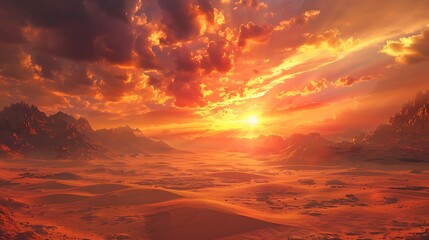 Obraz premium The scene shows a stunning and fanciful sunset over an empty desert with a shining
