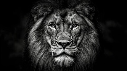 Naklejka premium A photo captures a majestic lion's face with a lengthy mane and a serious expression