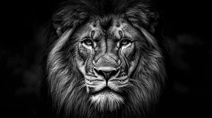 Papier peint photo Lion   A photo captures a majestic lion's face with a lengthy mane and a serious expression  © Olga