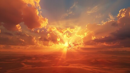 Obraz premium The scene shows a stunning and fanciful sunset over an empty desert with a shining