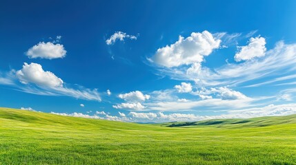 Fototapeta premium Beautiful Green Field Under a Blue Sky with White Clouds on a Sunny Day