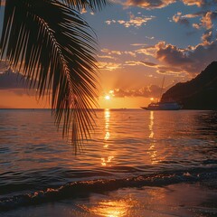 Tropical Beach Sunrise with Boat