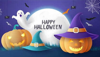 Spooky Halloween night with pumpkins, bats, and a full moon, in a dark, autumn setting
