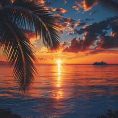 Obraz premium Tropical Beach Sunset with Boat and Palm Tree