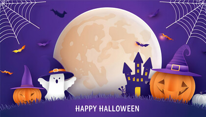 Spooky Halloween night with pumpkins, bats, and a full moon, in a dark, autumn setting