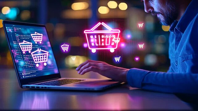 Digital shopping spree with virtual icons The scene focuses on a person sitting at a desk, using a laptop with an open ecommerce website. Colorful virtual shopping cart icons