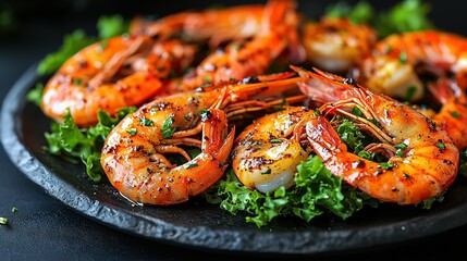   A macro shot featuring a dish with cooked shrimp and fresh lettuce atop a bed of crispy lettuce leaves