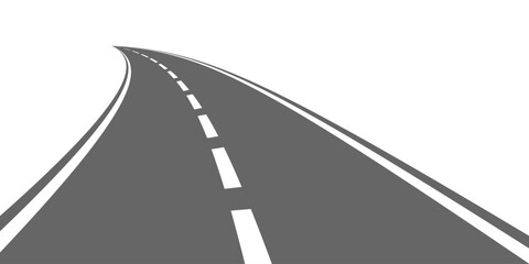 Winding road. Traveling along a curved highway. Background of the road to the horizon in perspective. Curvy asphalt empty line isolated vector concept.