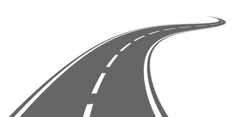 Winding road. Traveling along a curved highway. Background of the road to the horizon in perspective. Curvy asphalt empty line isolated vector concept.