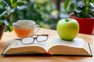 Green Apple and Open Book on a Wooden Table