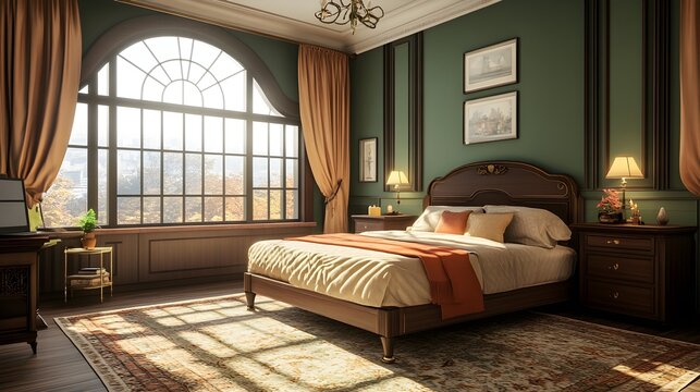Abstract storytelling bedroom flat design, side view, 1920s art nouveau theme, 3D render, Complementary Color Scheme 