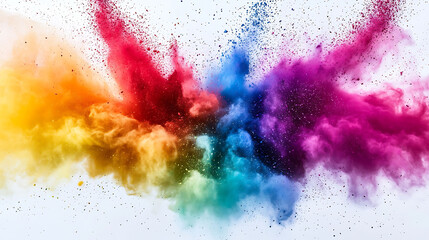 Fototapeta premium A burst of colorful powder explodes against a white background. The powder is a vibrant mix of red, orange, yellow, green, blue, and purple.