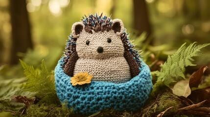 Obraz premium Knitted hedgehog in the forest Pincushion knitted toy hedgehog in the forest needles in the needle case blue pincushion