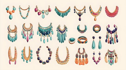 Fototapeta premium Boho chic jewelry flat design, side view, bohemian market theme, animation, Triadic Color Scheme 