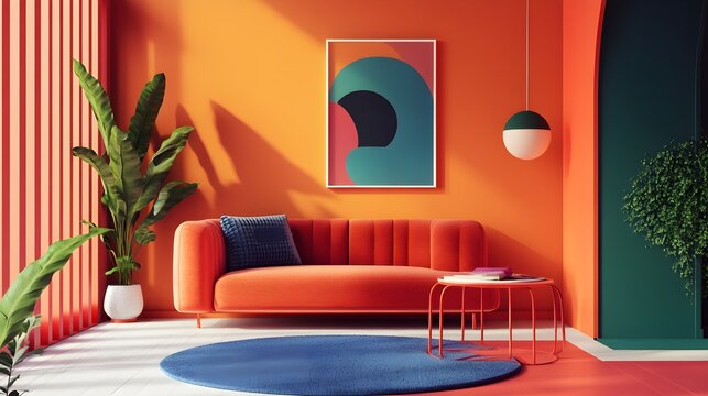 Eclectic art direction home decor flat design, front view, bold maximalism theme, 3D render, Complementary Color Scheme 