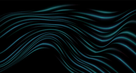 Curved blue neon light effect isolated on dark background. Flowing, wavy glowing lines with abstract design. Graphical patch of reflected light. Lens flare. Vector illustration.