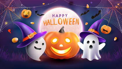 Spooky Halloween night with pumpkins, bats, and a full moon, in a dark, autumn setting