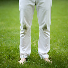 He slipped and fell on the grass and stained his pants.