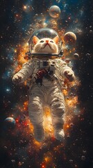 Obraz premium Curious Cosmic Kitty Surreal Floating Feline Astronaut Explores Starry Galactic Wonderland