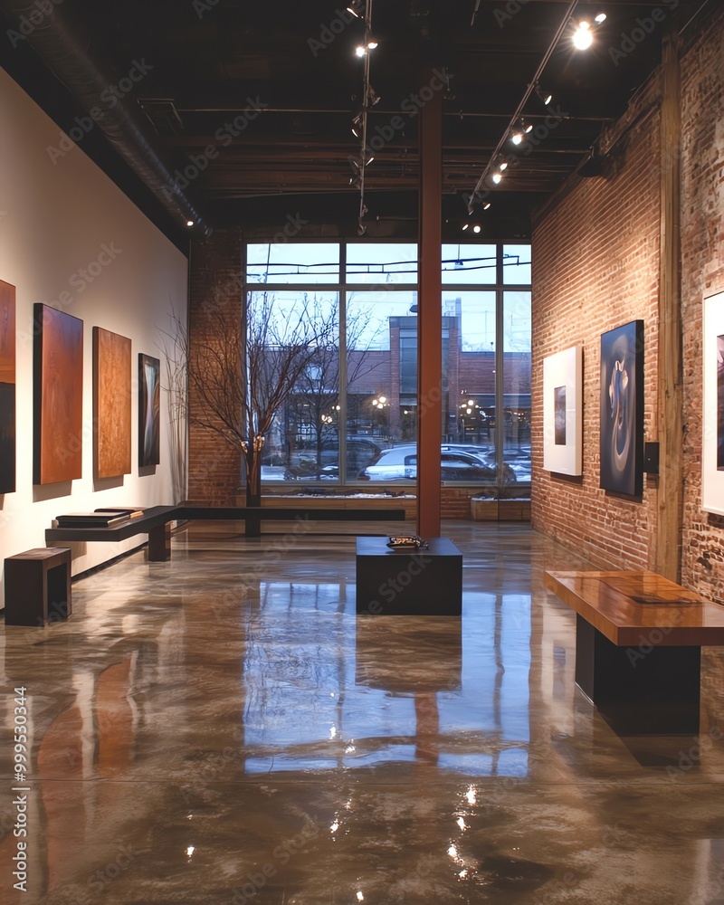 Poster modern gallery with glossy floor and art on the walls.