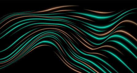 Curved blue neon light effect isolated on dark background. Flowing, wavy glowing lines with abstract design. Graphical patch of reflected light. Lens flare. Vector illustration.