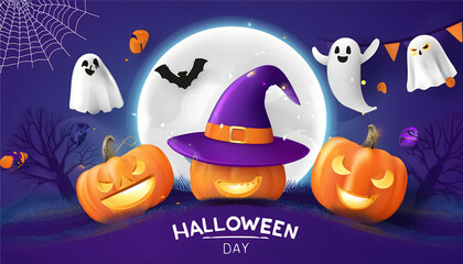 Spooky Halloween night with pumpkins, bats, and a full moon, in a dark, autumn setting