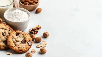 Delicious cookies with flour, milk, and nuts on a white background.