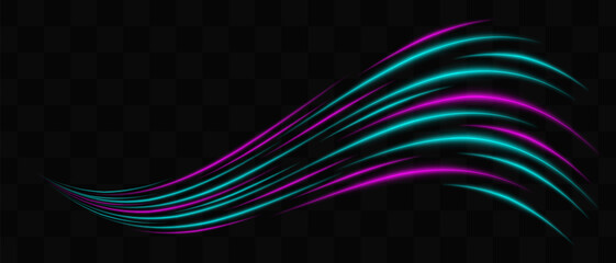 Curved purple and blue neon light effect isolated on dark background. Flowing, wavy glowing lines with abstract design. Graphical patch of reflected light. Lens flare. Vector illustration.