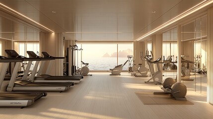 Modern gym interior with treadmills, exercise bikes, and a view of the ocean.