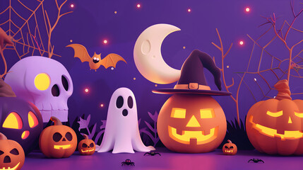 Spooky Halloween night with pumpkins, bats, and a full moon, in a dark, autumn setting
