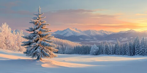 Obraz premium Pine trees stand alone in a snow-covered landscape, warm sunlight touching the mountain peaks