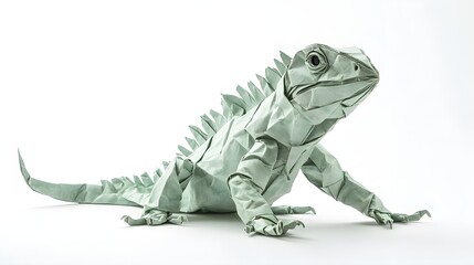 Fototapeta premium create An origami A Cute Iguana: Large lizards found in tropical and subtropical regions , in a graceful pose, with intricate folds in detail. The setting should be playful and endearing, with 