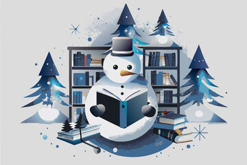 Reading Snowman in Winter Wonderland with Festive Bookshelves