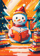 Snowman Reading a Book Amidst Holiday Cheer