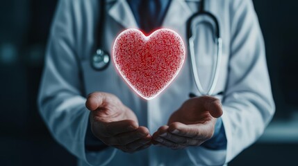 Futuristic hologram of a human heart floating above a doctor's hands, symbolizing the future of medical innovation and AI-powered health solutions