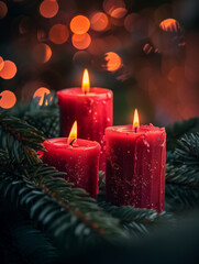 Burning holiday candles. Red Christmas candles and fir branches on dark background.  New Year, holiday. Blurred lights, bokeh in the background. Cozy, warm atmosphere. 
