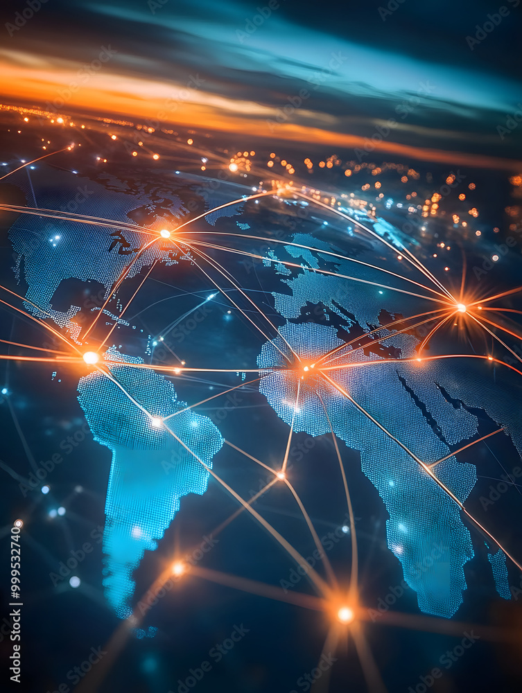 Poster global business network with world map and connecting flight paths hyper realistic