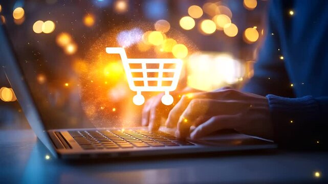 Person shopping online with vibrant bokeh background A close-up of a person using a smartphone and laptop simultaneously. On the laptop screen, a glowing online shopping cart icon