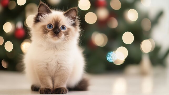 Seal point ragdoll purebred kitten posting with Christmas tree bokeh in background