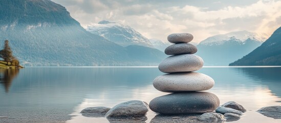 Lamas personalizadas con paisajes con tu foto Balanced Stone Cairn by Serene Mountain Lake with Snow-Capped Peaks and Calm Waters