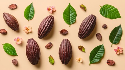 Creative layout made of cacao fruit with leaves and flowers on the beige background. Flat lay. Food concept. Macro concept.